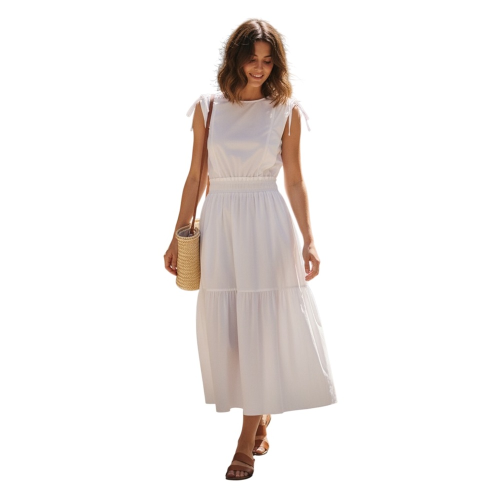 FRAME Organic Cotton A-Line Midi Tiered Dress, Lightweight, Color White Size XS
